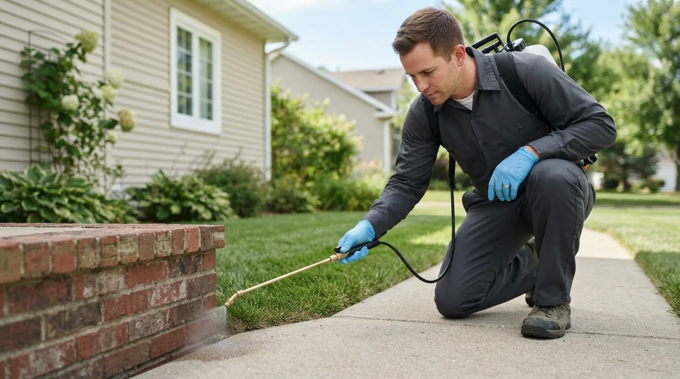 Pest control technician treating a home near Ball, LA